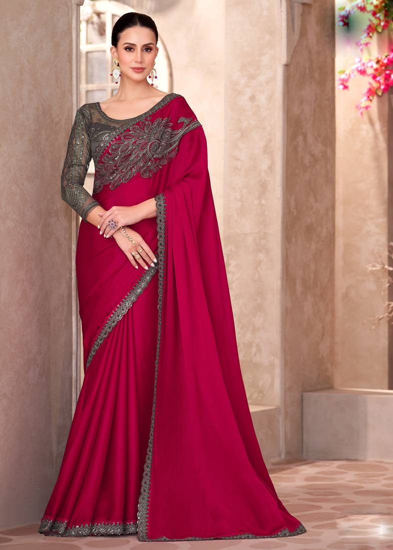 Rani silk blend chiffon embroidered saree with unstitched blouse piece