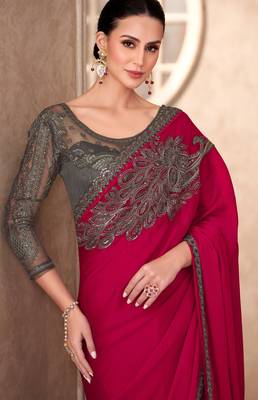 Rani silk blend chiffon embroidered saree with unstitched blouse piece 2