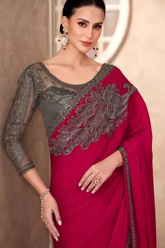 Rani silk blend chiffon embroidered saree with unstitched blouse piece