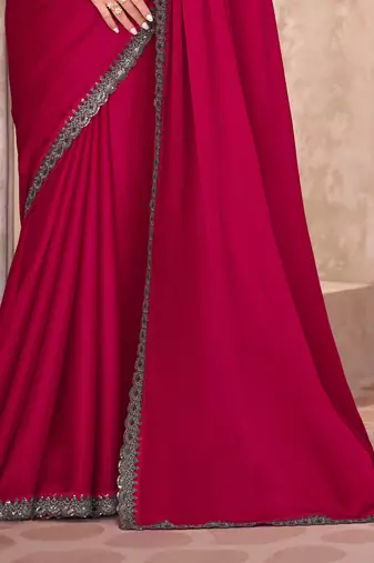 Rani silk blend chiffon embroidered saree with unstitched blouse piece
