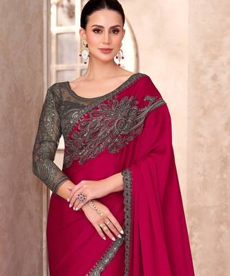 Rani silk blend chiffon embroidered saree with unstitched blouse piece 4