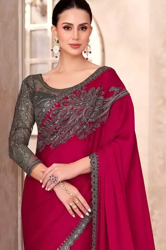 Rani silk blend chiffon embroidered saree with unstitched blouse piece