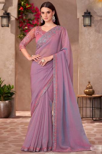 Lavender georgette embroidered saree with unstitched blouse piece