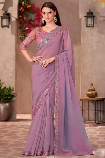 Lavender georgette embroidered saree with unstitched blouse piece