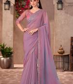 Lavender georgette embroidered saree with unstitched blouse piece