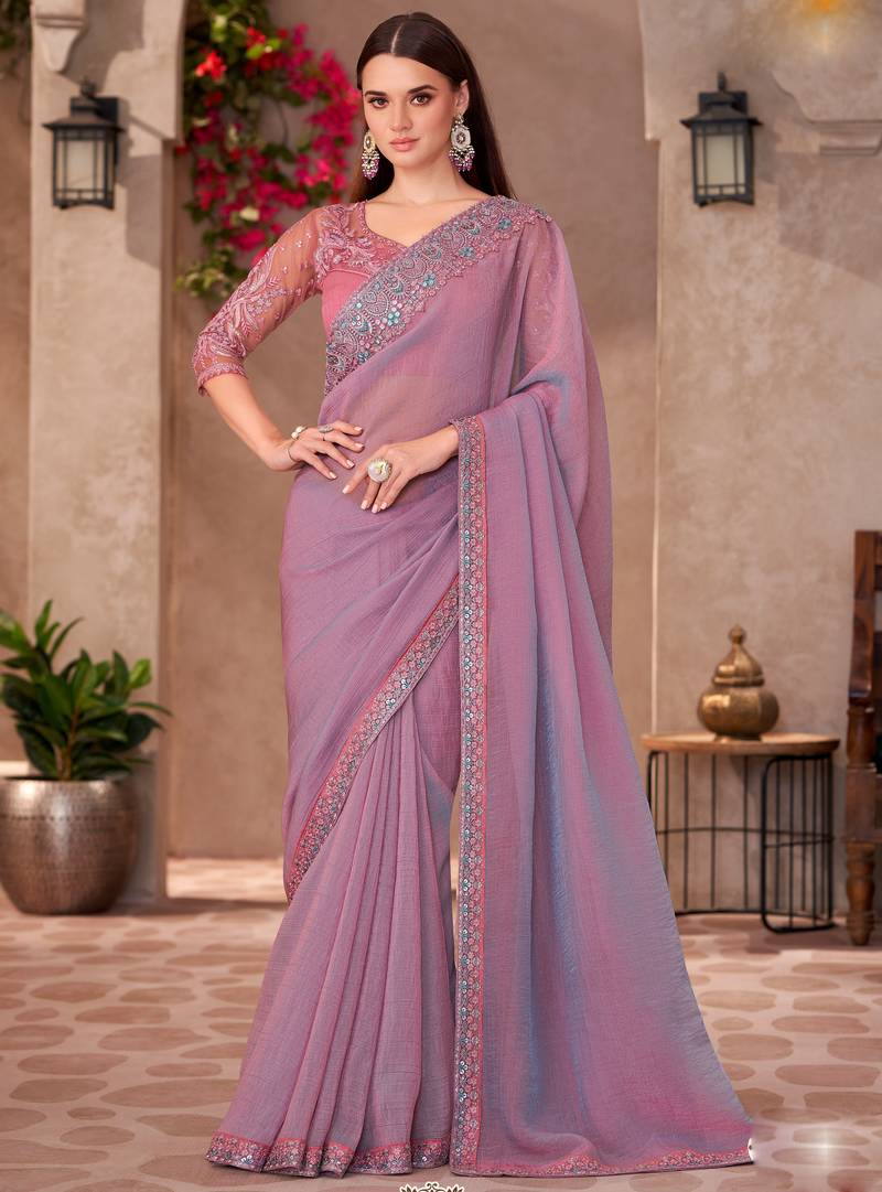Lavender georgette embroidered saree with unstitched blouse piece