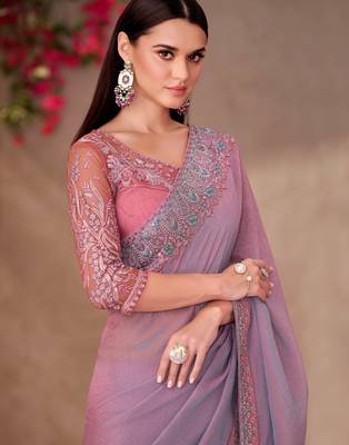 Lavender georgette embroidered saree with unstitched blouse piece 2
