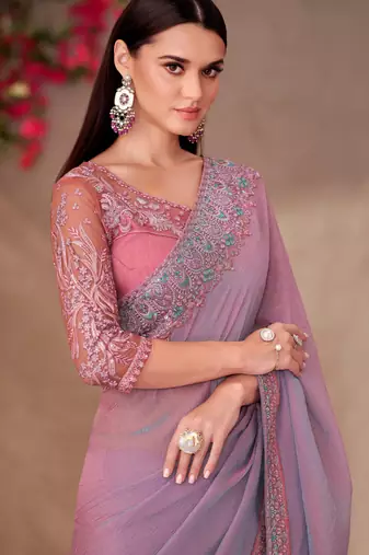 Lavender georgette embroidered saree with unstitched blouse piece