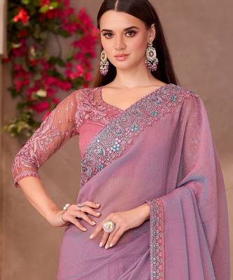 Lavender georgette embroidered saree with unstitched blouse piece 4