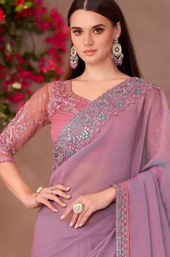 Lavender georgette embroidered saree with unstitched blouse piece