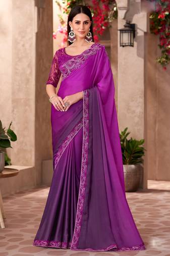 Magenta satin silk blend embroidered saree with unstitched blouse piece