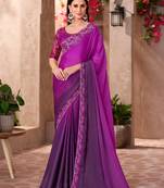Magenta satin silk blend embroidered saree with unstitched blouse piece