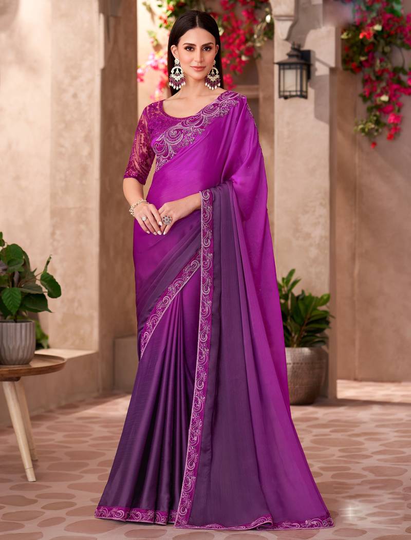 Magenta satin silk blend embroidered saree with unstitched blouse piece