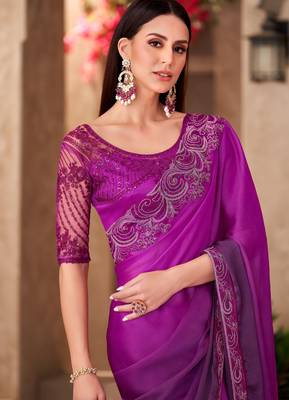 Magenta satin silk blend embroidered saree with unstitched blouse piece 2