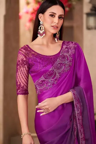 Magenta satin silk blend embroidered saree with unstitched blouse piece