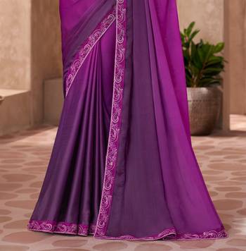 Magenta satin silk blend embroidered saree with unstitched blouse piece 3