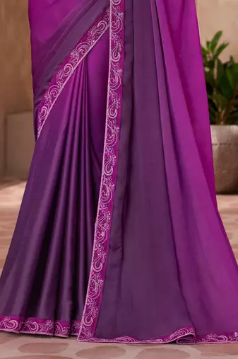 Magenta satin silk blend embroidered saree with unstitched blouse piece