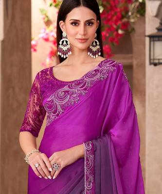 Magenta satin silk blend embroidered saree with unstitched blouse piece 4