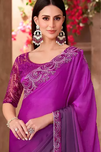 Magenta satin silk blend embroidered saree with unstitched blouse piece