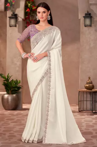 Off white georgette embroidered saree with unstitched blouse piece