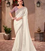 Off white georgette embroidered saree with unstitched blouse piece