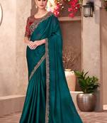Dark teal chiffon embroidered saree with unstitched blouse piece