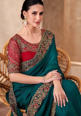 Dark teal chiffon embroidered saree with unstitched blouse piece 2