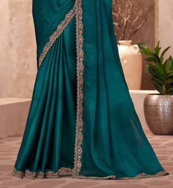 Dark teal chiffon embroidered saree with unstitched blouse piece 3