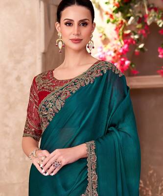 Dark teal chiffon embroidered saree with unstitched blouse piece 4