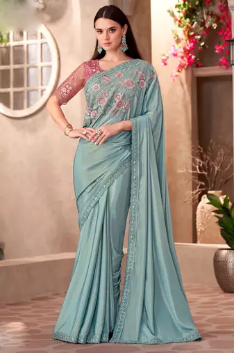 Sky blue shimmer silk blend embroidered saree with unstitched blouse piece