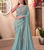 Sky blue shimmer silk blend embroidered saree with unstitched blouse piece