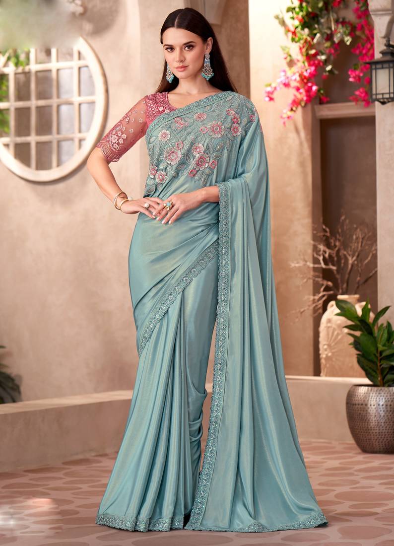 Sky blue shimmer silk blend embroidered saree with unstitched blouse piece