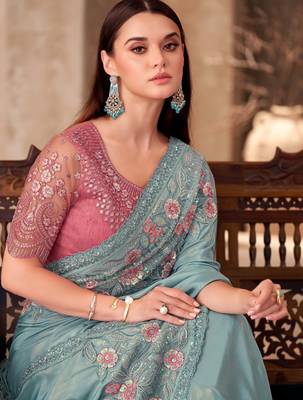 Sky blue shimmer silk blend embroidered saree with unstitched blouse piece 2