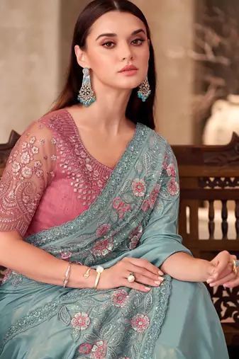 Sky blue shimmer silk blend embroidered saree with unstitched blouse piece