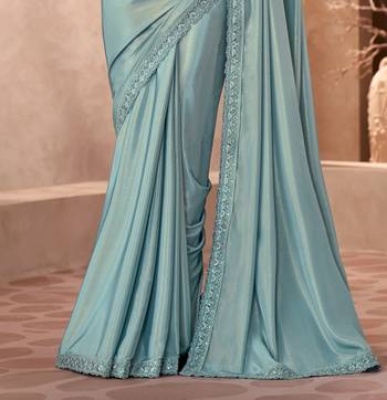Sky blue shimmer silk blend embroidered saree with unstitched blouse piece 3