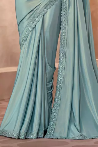 Sky blue shimmer silk blend embroidered saree with unstitched blouse piece