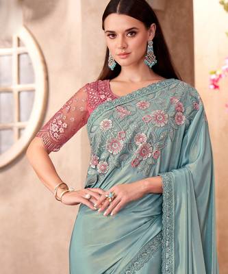 Sky blue shimmer silk blend embroidered saree with unstitched blouse piece 4
