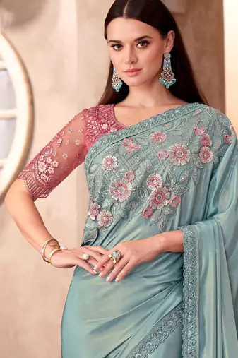 Sky blue shimmer silk blend embroidered saree with unstitched blouse piece