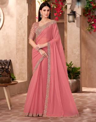 Peach silk blend georgette embroidered saree with unstitched blouse piece 1