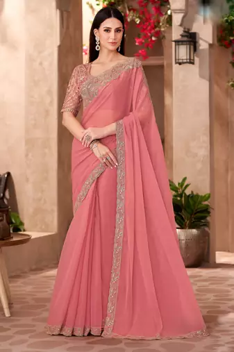 Peach silk blend georgette embroidered saree with unstitched blouse piece
