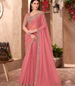 Peach silk blend georgette embroidered saree with unstitched blouse piece