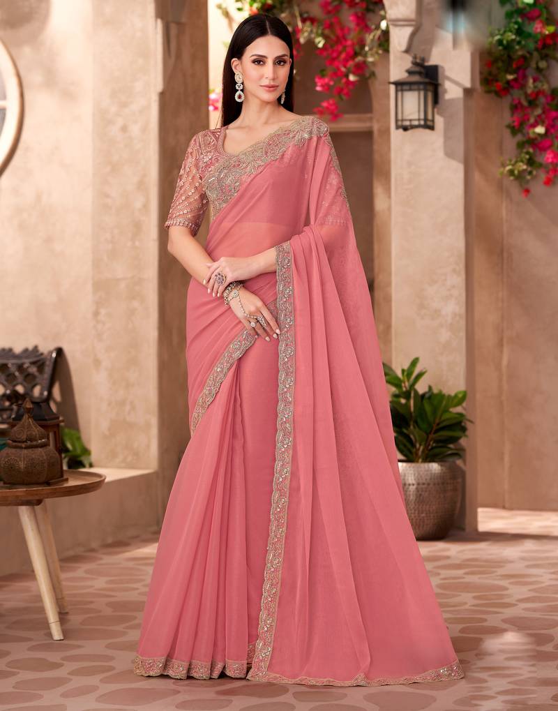 Peach silk blend georgette embroidered saree with unstitched blouse piece