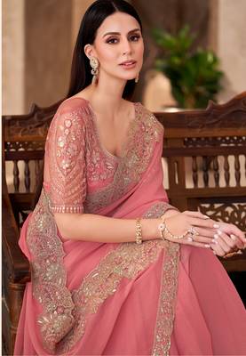 Peach silk blend georgette embroidered saree with unstitched blouse piece 2