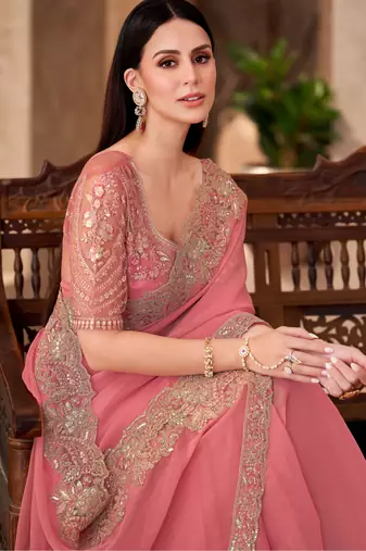 Peach silk blend georgette embroidered saree with unstitched blouse piece