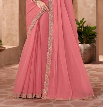 Peach silk blend georgette embroidered saree with unstitched blouse piece 3