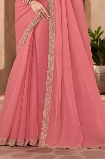 Peach silk blend georgette embroidered saree with unstitched blouse piece
