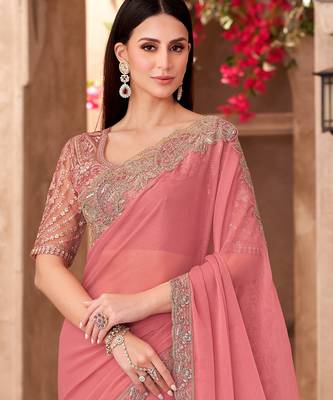 Peach silk blend georgette embroidered saree with unstitched blouse piece 4
