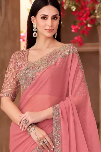 Peach silk blend georgette embroidered saree with unstitched blouse piece