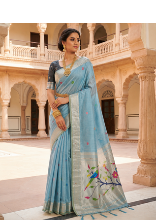 Sky Blue Meenakari Zari weawing Cotton Saree 1
