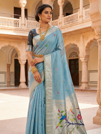 Sky Blue Meenakari Zari weawing Cotton Saree